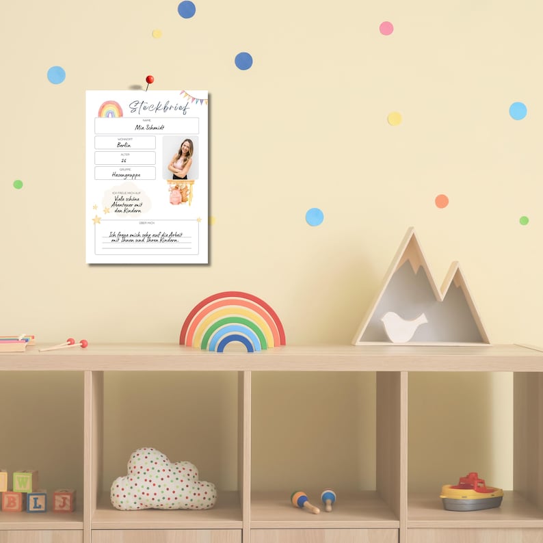 May include: A printable Steckbrief, a German term for a profile sheet, with a rainbow and stars design. The Steckbrief includes fields for name, birthday, and a photo. The text "Ich freue mich auf dich und freue mich mit dir zu lernen" is written in cursive.