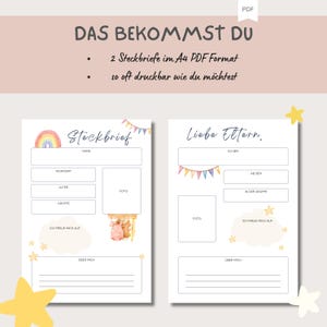 May include: Two printable A4 PDF Steckbriefe (information sheets) with a rainbow and bunting design. The Steckbriefe are for children and include fields for name, address, age, group, and a photo. The Steckbriefe also include a space for a message from the child.