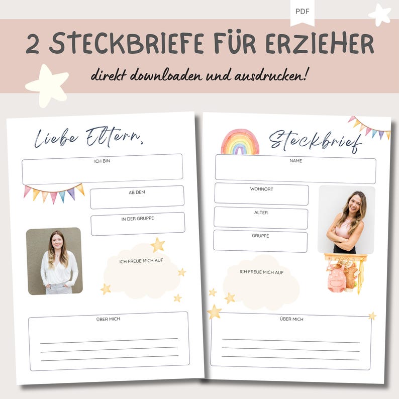 May include: Two printable Steckbriefe (information sheets) for teachers, featuring a rainbow, stars, and flags. The sheets include fields for name, age, group, and more.