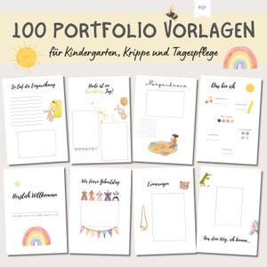 May include: A set of 100 printable portfolio templates for kindergarten, nursery, and preschool. The templates feature colourful illustrations of animals, rainbows, and other child-friendly designs. The text on the templates includes phrases like "So lief die Eingewöhnung", "Heute ist ein besonderer Tag!" and "Morgenkreis".