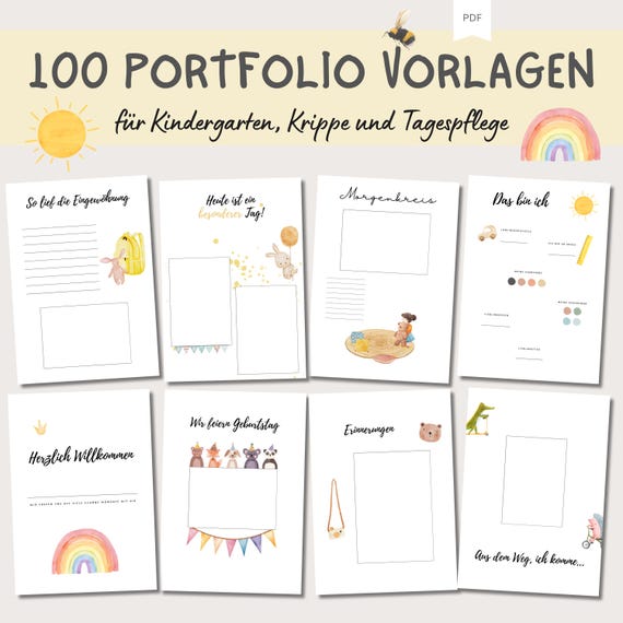 100 PORTFOLIO Vorlagen Kindergarten  / Krippe / Kita / Tagesmutter, PDF zum Ausdrucken, Erzieher, Download