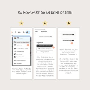 May include: A screenshot of a mobile app showing how to download files. The app has a light gray background with a white menu bar at the top. The menu bar has icons for a heart, a bell, a shopping bag, and a profile picture. The menu bar is followed by a list of options, including "Profile", "Purchases and Reviews", "Messages", "Gift Certificates", "Special Offers", "Your Contribution", "Etsy Wish List", "Account Settings", and "Logout". The app also has a section for "Wishlist" and a section for "Delivered". The "Delivered" section has a button that says "Download Files". The app also has a section for "Download" with two buttons that say "Download".