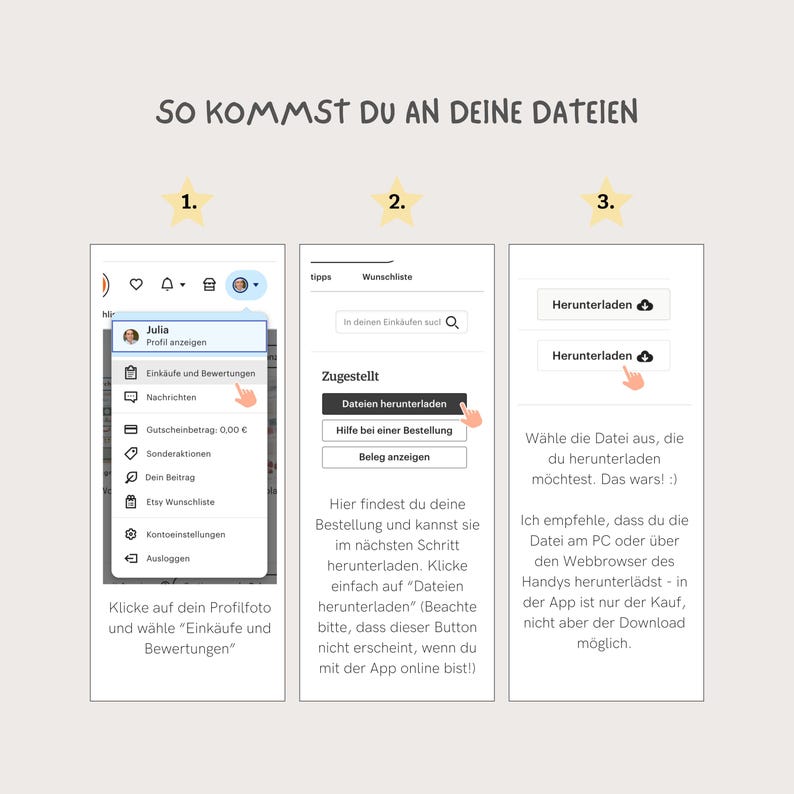 May include: A screenshot of a mobile app showing how to download files. The app has a light gray background with a white menu bar at the top. The menu bar has icons for a heart, a bell, a shopping bag, and a profile picture. The menu bar is followed by a list of options, including "Profile", "Purchases and Reviews", "Messages", "Gift Certificates", "Special Offers", "Your Contribution", "Etsy Wish List", "Account Settings", and "Logout". The app also has a section for "Wishlist" and a section for "Delivered". The "Delivered" section has a button that says "Download Files". The app also has a section for "Download" with two buttons that say "Download".
