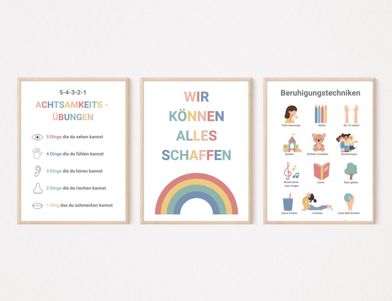 May include: Three colorful posters with motivational messages and calming techniques. The first poster has a rainbow and the text "We can do everything". The second poster has a rainbow and the text "5-4-3-2-1 Mindfulness Exercises". The third poster has illustrations of calming techniques, such as taking deep breaths, listening to music, and reading a book.