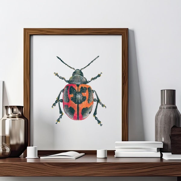 Stampa digitale acquerello scarabeo rosso, arte della parete di insetti neri, download di bug, illustrazione Aquarelle, download stampabile di decorazioni murali fatte a mano