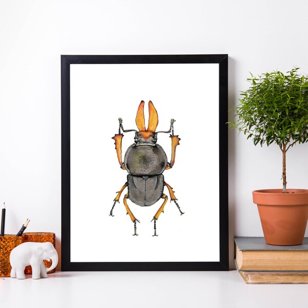 Stampa digitale acquerello Black Beetle, arte della parete di insetti arancioni, download di bug, illustrazione Aquarelle, download stampabile di decorazioni murali fatte a mano