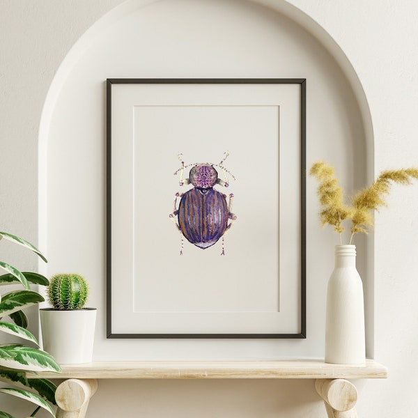 Stampa digitale acquerello scarabeo viola, arte della parete di insetti, download di bug, illustrazione Aquarelle, arredamento da parete fatto a mano Download stampabile