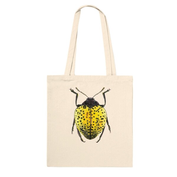 Borsa tote premium acquerello giallo e nero con scarabeo, borsa da trasporto con illustrazione di insetti