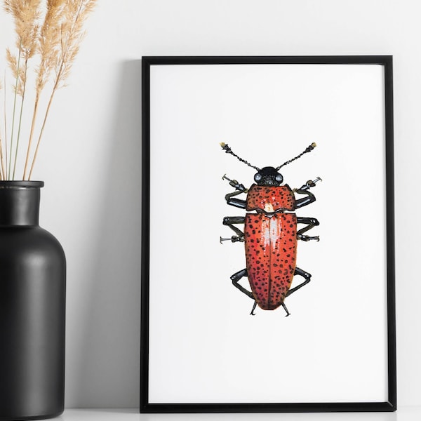 Stampa digitale acquerello scarabeo rosso e nero, arte della parete di insetti, download di bug, illustrazione Aquarelle, arredamento da parete fatto a mano Download stampabile