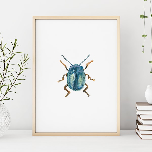 Stampa digitale acquerello Blue Beetle, arte della parete di insetti, download di bug, illustrazione Aquarelle, arredamento da parete fatto a mano Download stampabile