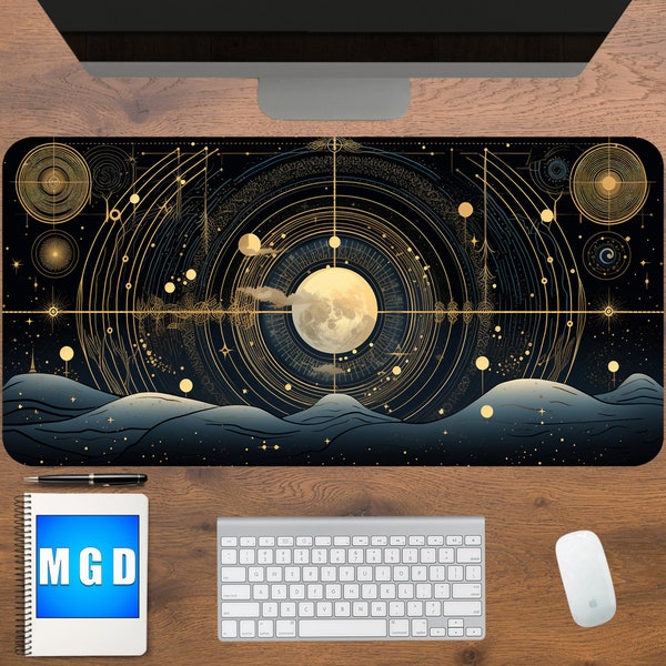 Tapis de bureau céleste or noir, ciel nocturne, tapis de souris grande lune, constellations, ciel étoilé, galaxie, tapis de souris gaming xxl