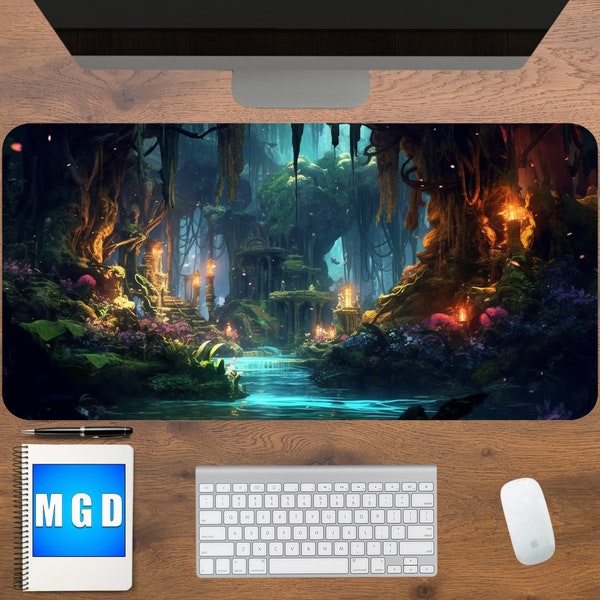 Tapis de souris fantaisie XXL, design forêt fantastique, LED RVB, tapis de bureau pour les jeux, fonctionne pour votre bureau/poste de travail/ordinateur