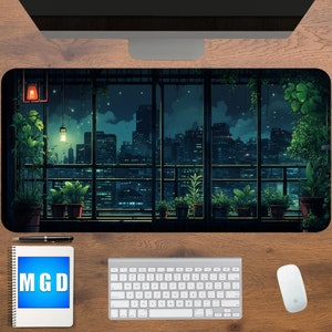 Tapete de mesa LoFi, Mouse Pad de anime, Tapete de mesa com plantas grandes, Mouse Pad fofo, Tapete de mesa azul, Estético