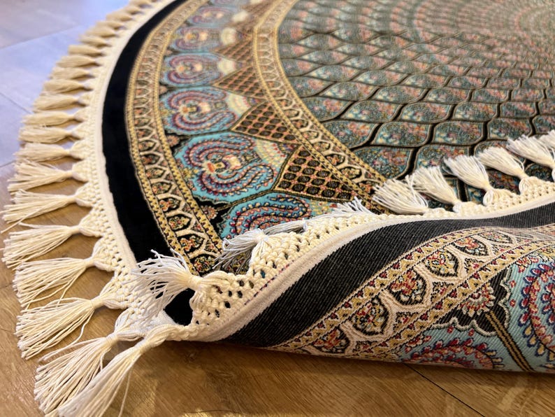 Turquoise Silk Ribbed Rug Circle Silk Rug, Turquoise Turkish Area Carpet, Traditional Anatolian ...