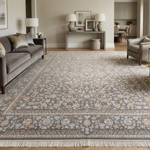 May include: A large, rectangular area rug with a floral pattern in shades of gray, beige, and cream. The rug has a detailed border and fringe along the edges. The rug is placed in a living room setting with furniture.