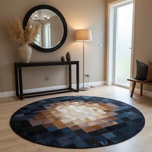 Cowhide Leather Rug, Black Brown Geometric Patterned Round Rug
