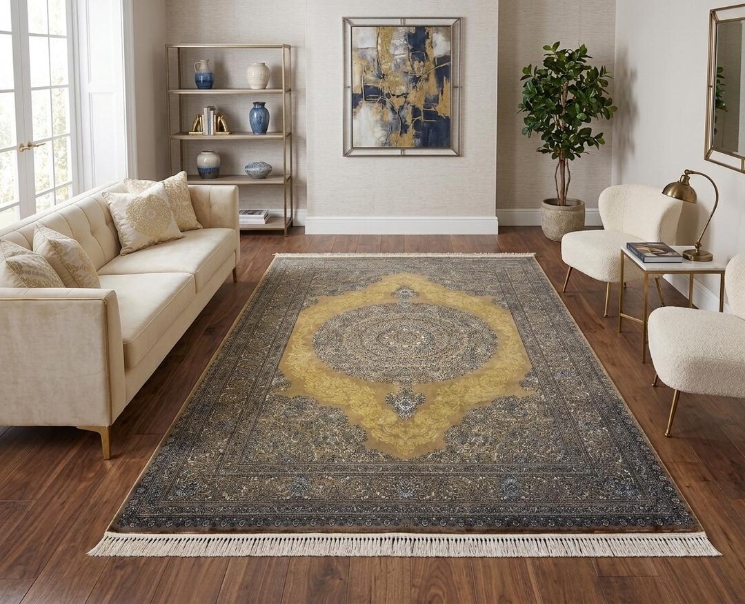 5x8 Ft Gold Medallion Design Silk Rug, Luxury Living Room Carpet - Etsy