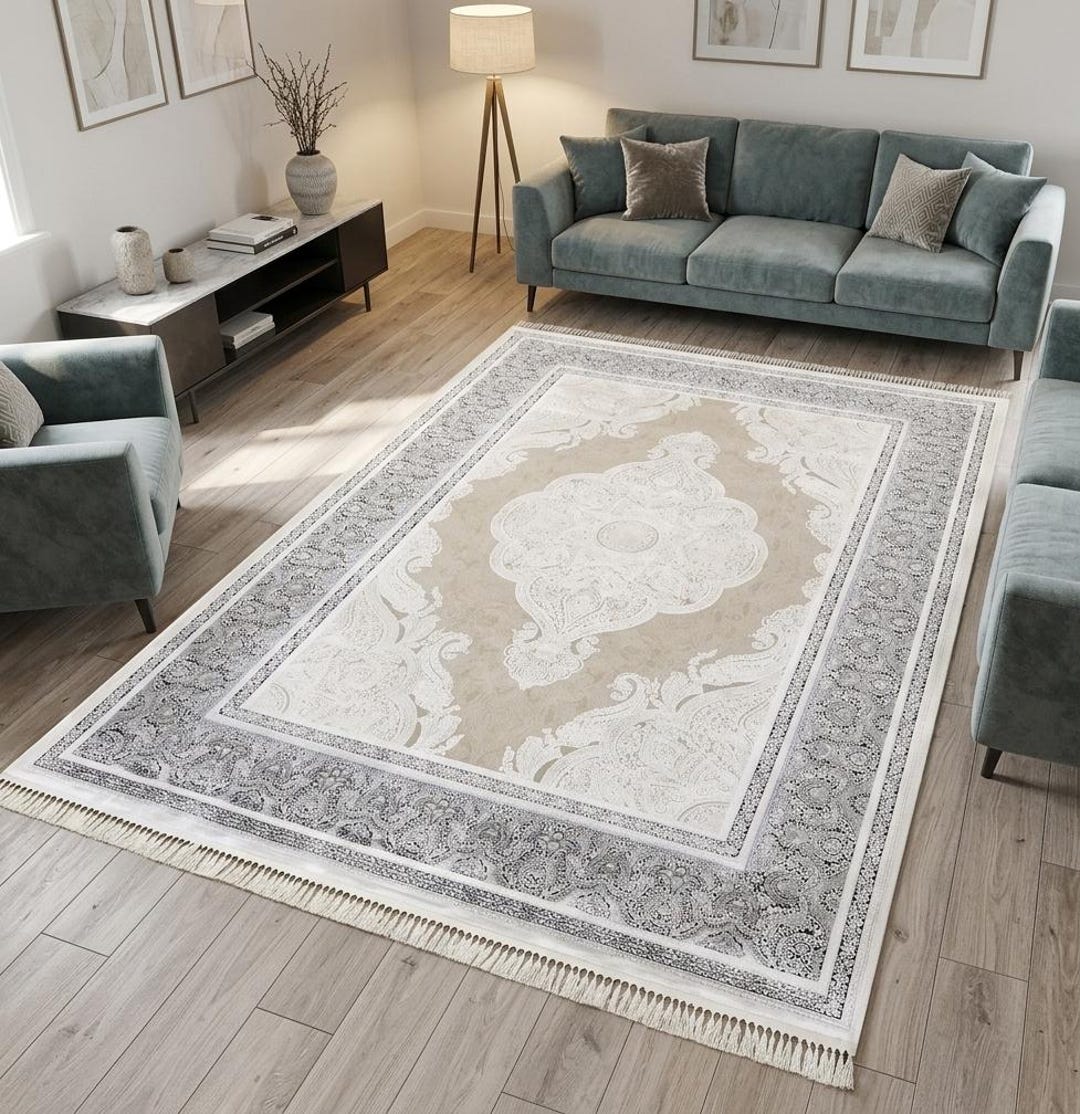 5x8 Ft Cream Modern Bamboo Rug, Blue Bordered Luxury Minimal Area Rug ...