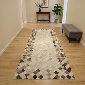 Brown Beige Cowhide Leather Rug, Modern Patchwork Design Hallway Runner