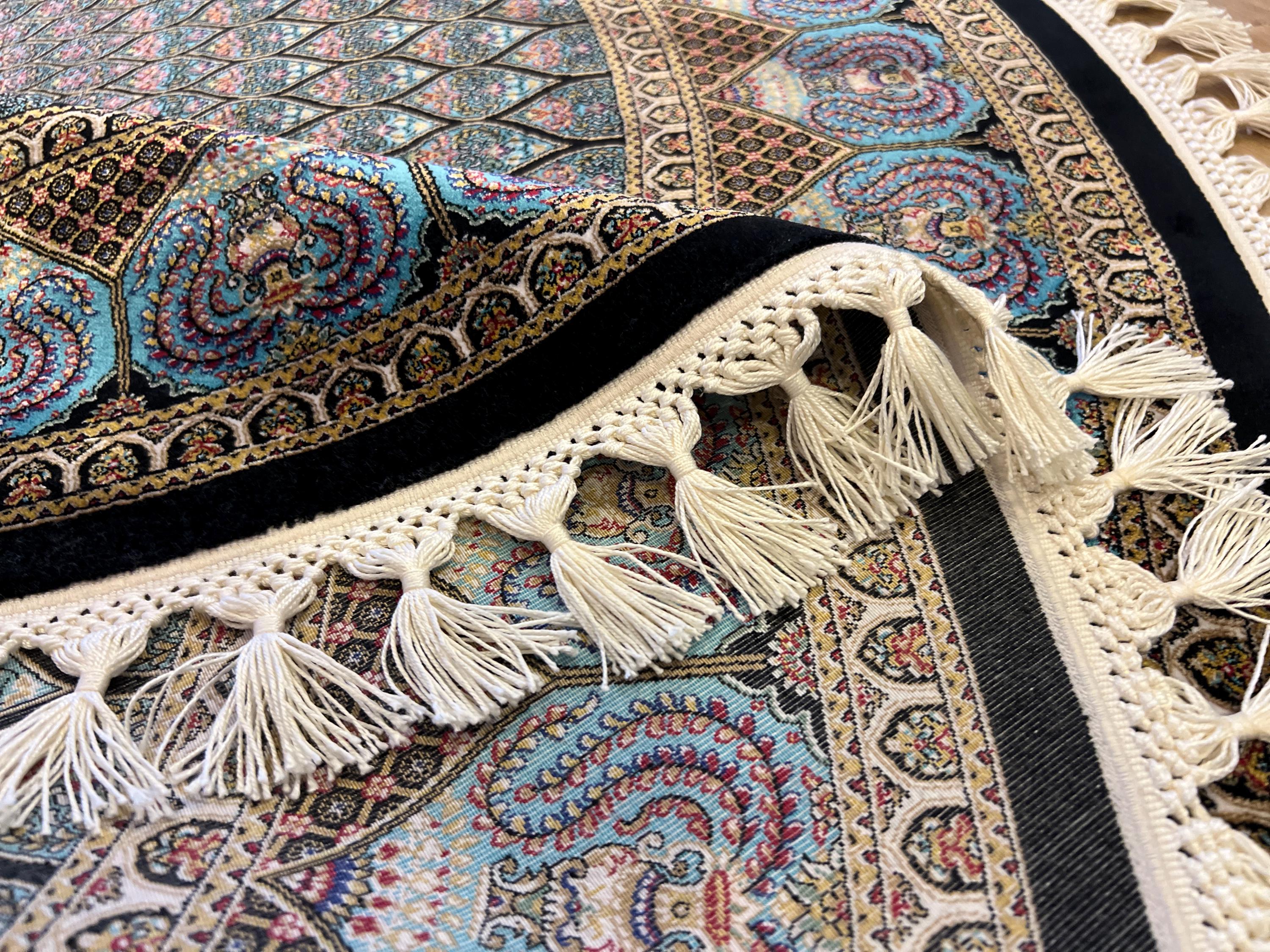 Turquoise Silk Ribbed Rug Circle Silk Rug, Turquoise Turkish Area Carpet, Traditional Anatolian ...