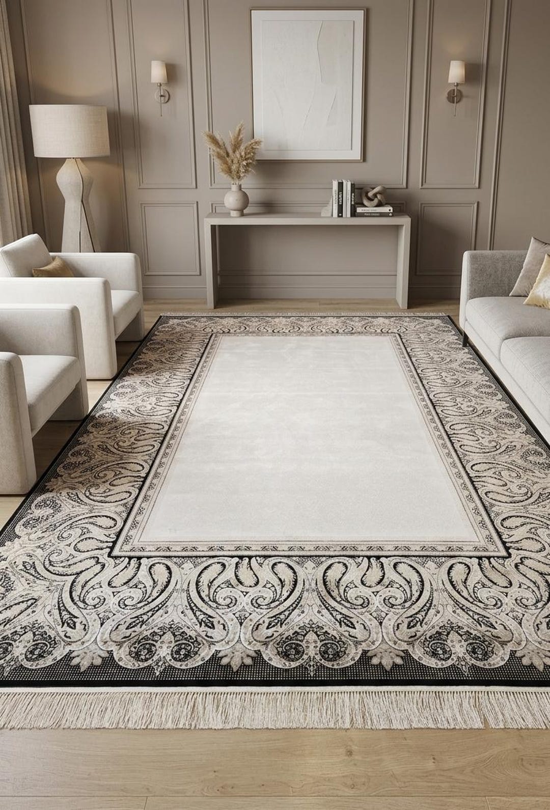 Cream Turkish Rug 7x10 Ft Cream Luxury Turkish Silk Carpet , Classic Black Border Large ...