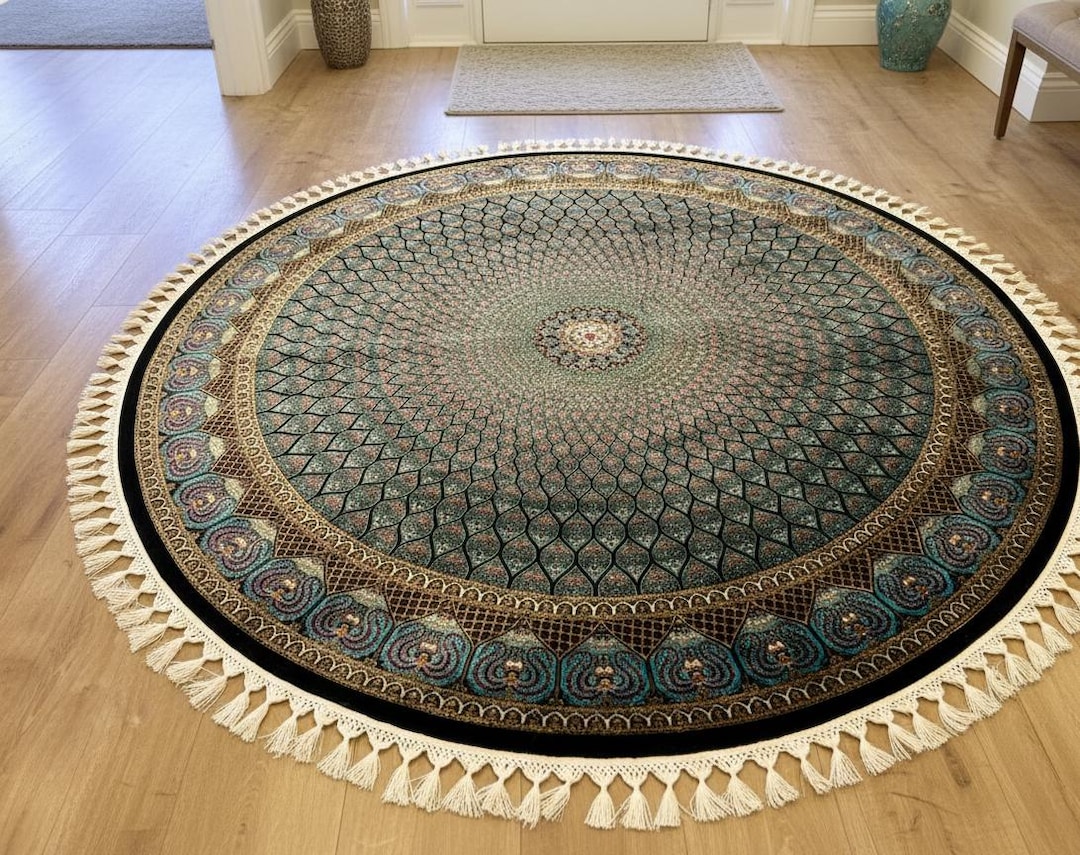 Turquoise Silk Ribbed Rug Circle Silk Rug, Turquoise Turkish Area Carpet, Traditional Anatolian ...