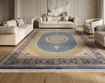 10x13 ft Classic Bamboo Silk Rug, Blue Medallion Design, Home Decor