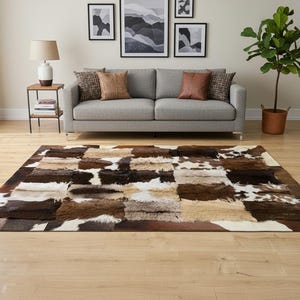 Brown Cowhide Leather Patchwork Design Rug, Modern Home Decor Rug