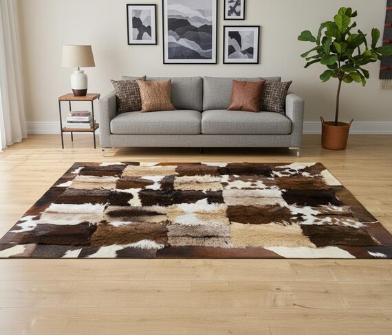 Brown Cowhide Leather Patchwork Design Rug, Modern Home Decor Rug