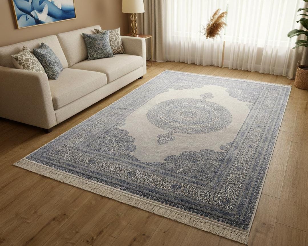 Gray Blue Medallion Silk Rug, Luxury Turkish Style Rug - Etsy