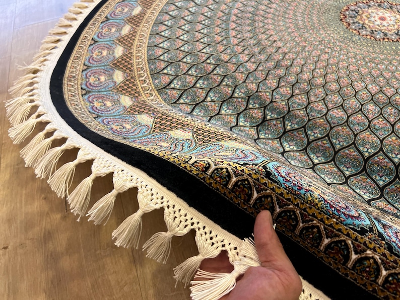 Turquoise Silk Ribbed Rug Circle Silk Rug, Turquoise Turkish Area Carpet, Traditional Anatolian ...