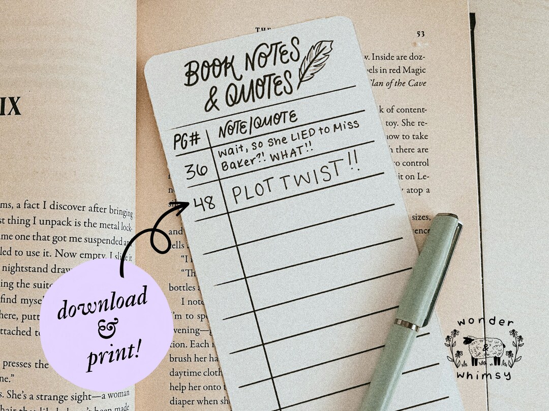 Book Notes & Quotes Download and Print Bookmark Gifts for - Etsy