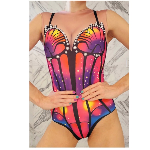 Butterfly Leotard Costume for Performance, Bodysuit for Dance, Showgirls, Festival, Aerial Silks Lyra