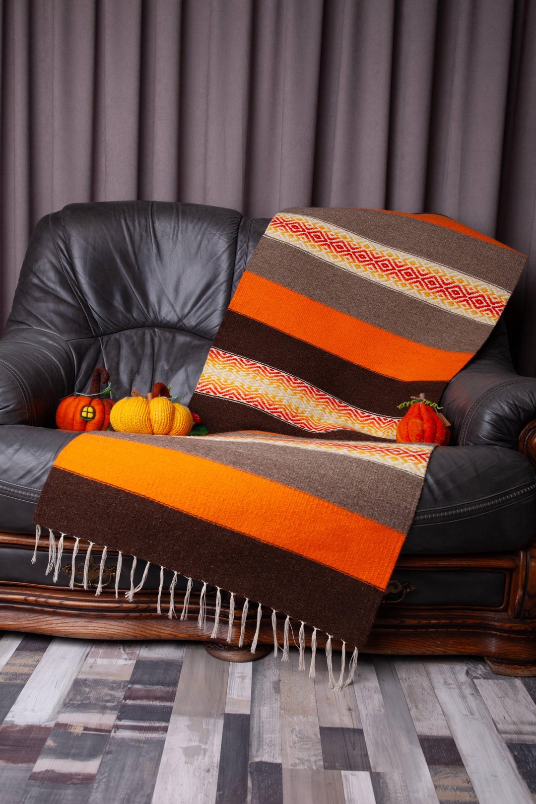 Autumn Wool Sofa Throw – Handwoven Orange & Brown Blanket, Rustic Fall ...