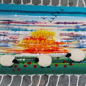 Sheeps Handwoven wall hanging , 100% Wool wall tapestry, Handmade gift , Wooldecor, unique wool art, Size 55cm length, 65 cm width