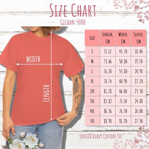 Puede incluir: Tabla de tallas para camisetas unisex Gildan 5000, que muestra las medidas en cent&iacute;metros para la longitud, el ancho y la longitud de la manga para las tallas S a 5XL.