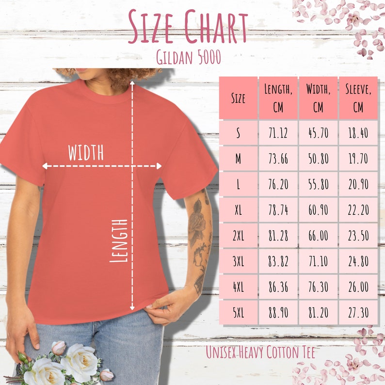Puede incluir: Tabla de tallas para camisetas unisex Gildan 5000, que muestra las medidas en cent&iacute;metros para la longitud, el ancho y la longitud de la manga para las tallas S a 5XL.