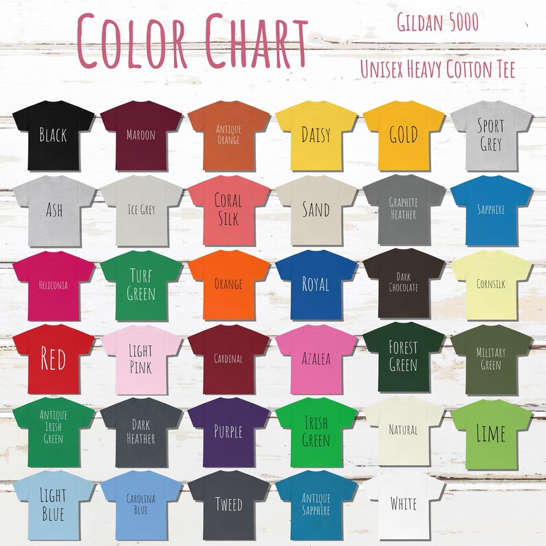 Puede incluir: Carta de colores que muestra 25 colores diferentes de camisetas de algod&oacute;n pesado unisex Gildan 5000. Los colores incluyen negro, granate, naranja antiguo, margarita, dorado, gris deportivo, ceniza, gris hielo, seda coral, arena, gris grafito, zafiro, heliconia, rojo, verde irland&eacute;s antiguo, verde c&eacute;sped, naranja, azul real, chocolate negro, seda de ma&iacute;z, rosa claro, cardenal, azalea, verde bosque, verde militar, gris oscuro, morado, verde irland&eacute;s, natural, lima, azul claro, azul carolina, tweed, zafiro antiguo y blanco.