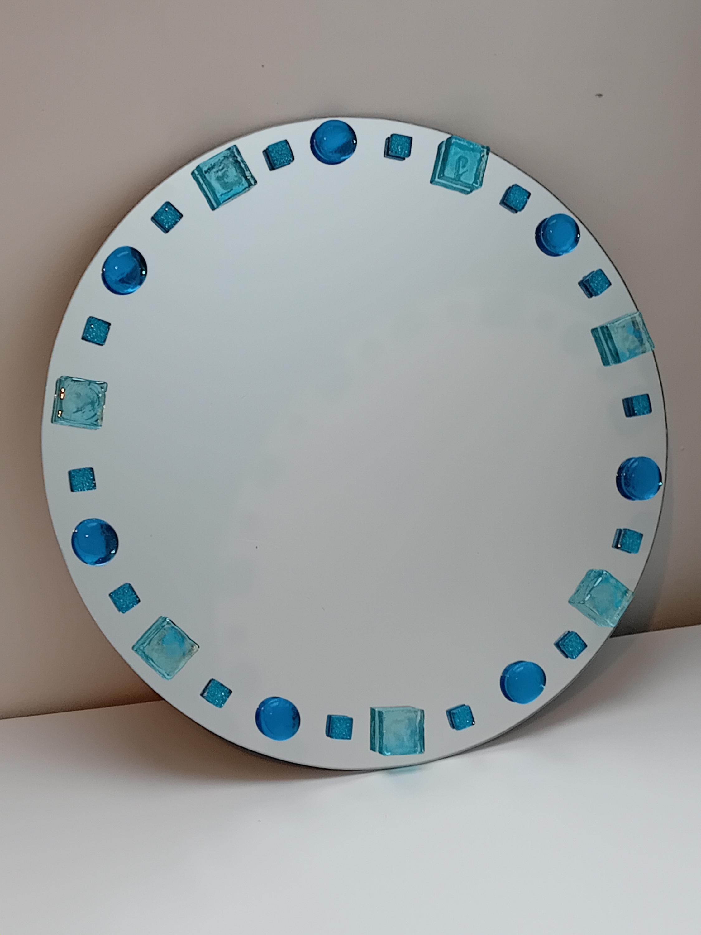 ターコイズブルー色 壁掛け鏡 円形 陶器製 ターコイズブルーのモザイクミラー - Etsy 日本