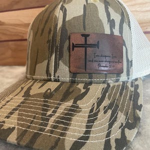 Camo Trucker Hat with Leather Patch | Laser Engraved | Christian Cross Design | Proverbs 27:17 | Faith-Based Outdoor Hat