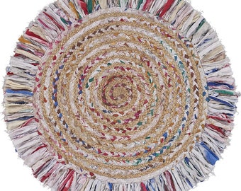 Handmade Organic Handwoven Jute Braided Round Area Rug with Fringes