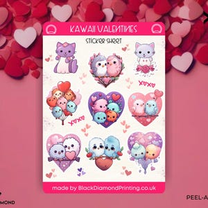 Feuille d'autocollants kawaii pour la Saint-Valentin | De mignons tourtereaux, d'adorables chats et des motifs sur le thème du cœur pour agendas, albums de coupures et travaux manuels