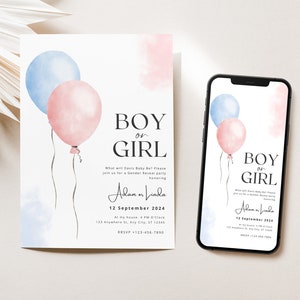 Gender Reveal invitation Template Ballons Gender Reveal Editable Invite Printable Download Digital Gender Reveal Party invite Evite Card
