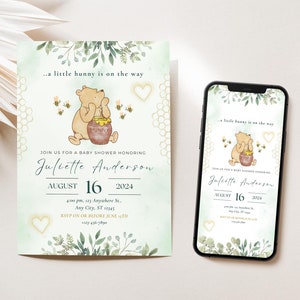 Invito classico per baby shower di Winnie The Pooh, modello di invito per baby shower neutro modificabile, festa per baby shower di Winnie The Pooh verde
