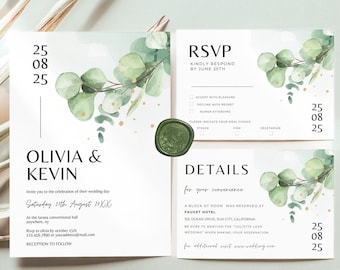 Greenery Wedding Invitation Set Template, Sage Green Minimalist Wedding Template, Eucalyptus Wedding Invite Kit Details Card Printable RSVP