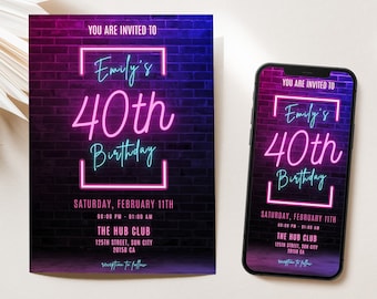 40th Birthday Digital Invite Forty Birthday Invitation Template Digital Glow Neon 40th Birthday Printable 40th Birthday Istant download