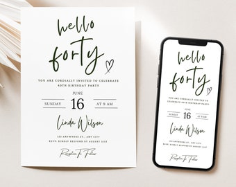 40th Birthday invitation Template Digital Hello Forty Birthday Electronic Invite istant Digital Download Evite  Printable 40th Birthday Card