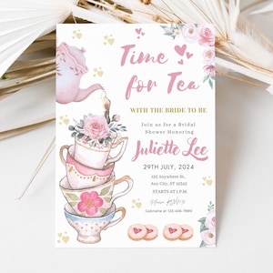 Tea Party Bridal Shower Invitation Editable time for Tea Wedding Invite Shower Floral Pink Gold Blush Love is Brewing  Template Printable