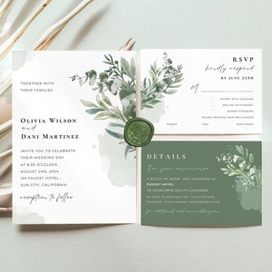 Greenery Wedding Invitation Set Template, Sage Green Minimalist Wedding Template, Eucalyptus Wedding Invite Kit Details Card Printable RSVP