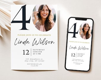40th Birthday invitation Photo Template Canva Digital Forty Birthday Invite Digital Download Evite Printable 40th Birthday Card